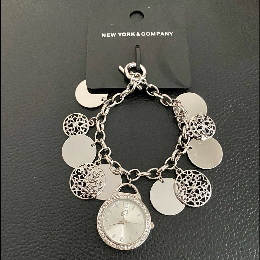 New NY & Co Silvertone Rhinestone Trim Watch Charm Bracelet